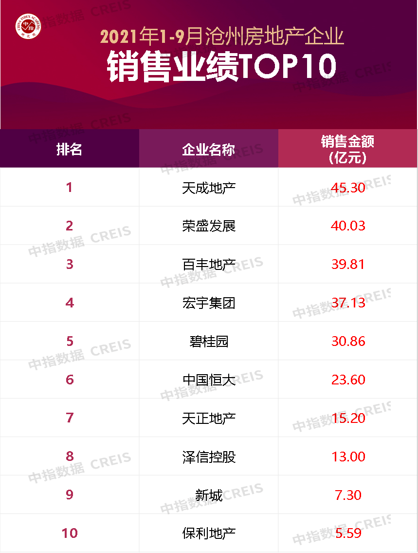 2021年1-9月沧州市房地产企业销售业绩top10